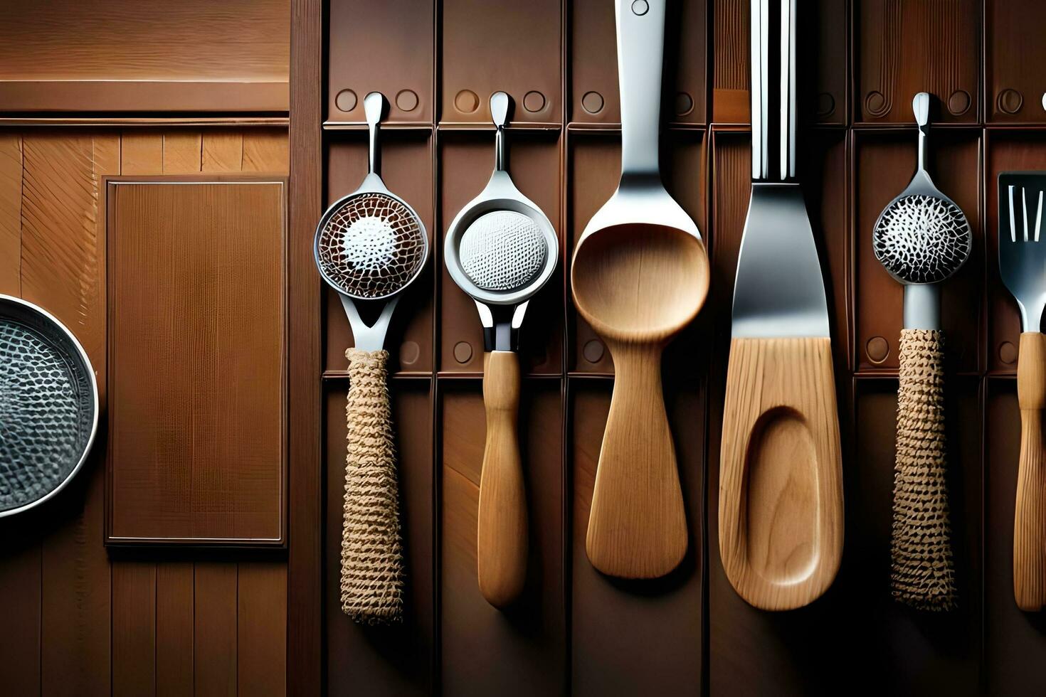 a group of wooden utensils are arranged on a wooden shelf. AI-Generated photo