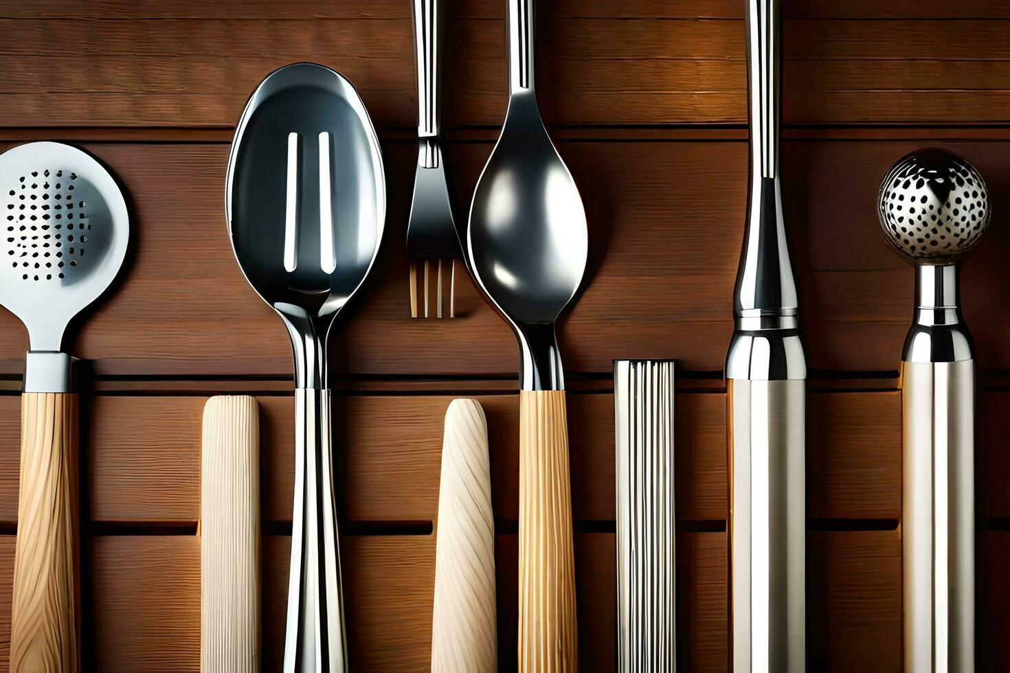 a collection of utensils on a wooden table. AI-Generated photo