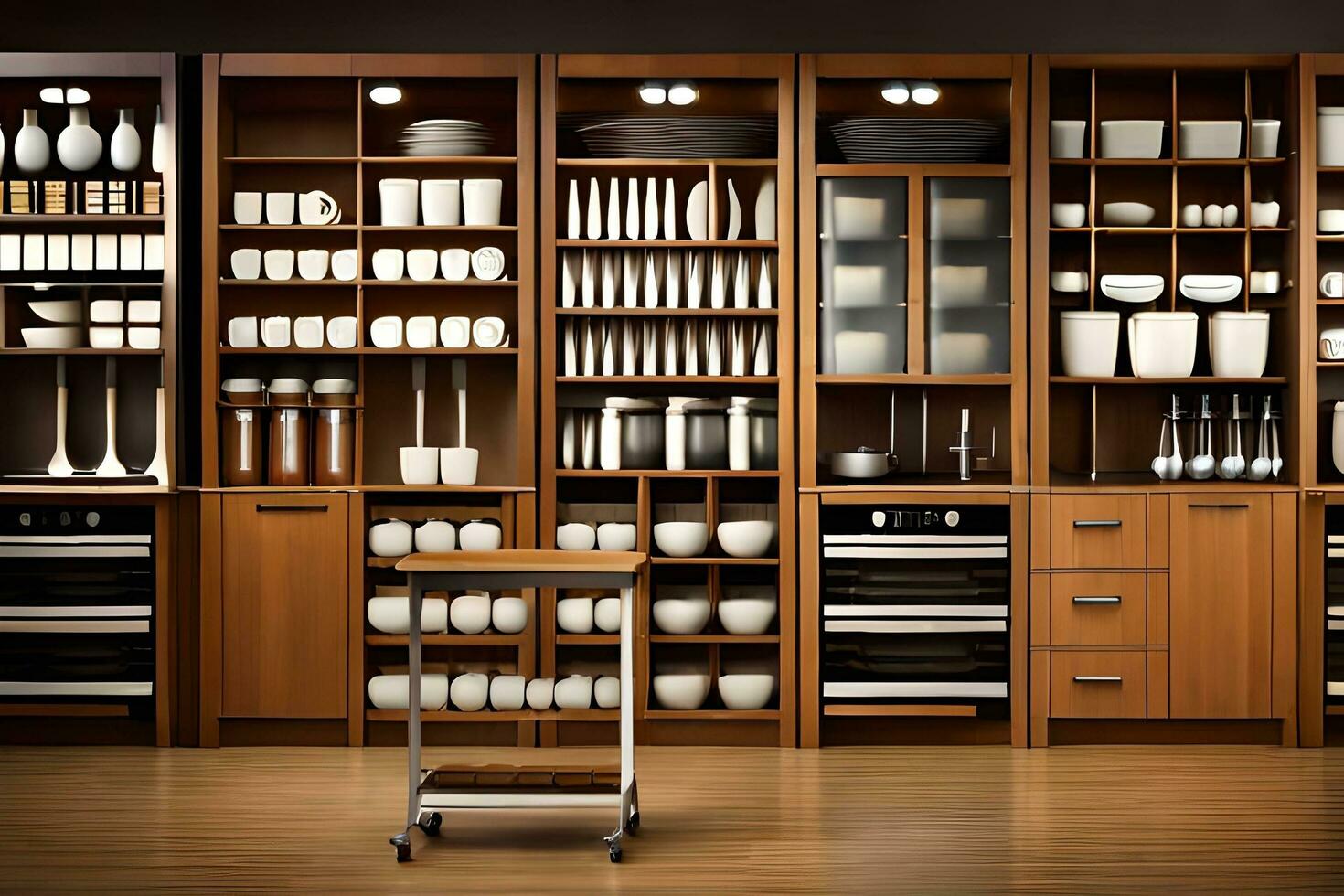 a kitchen with lots of dishes and cups on shelves. AI-Generated photo
