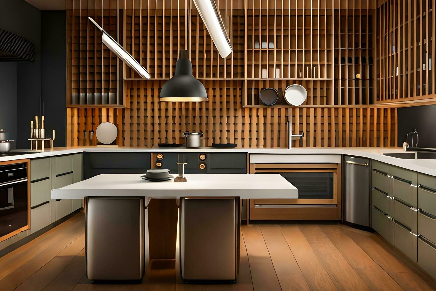 a modern kitchen with wooden accents and a white island. AI-Generated photo