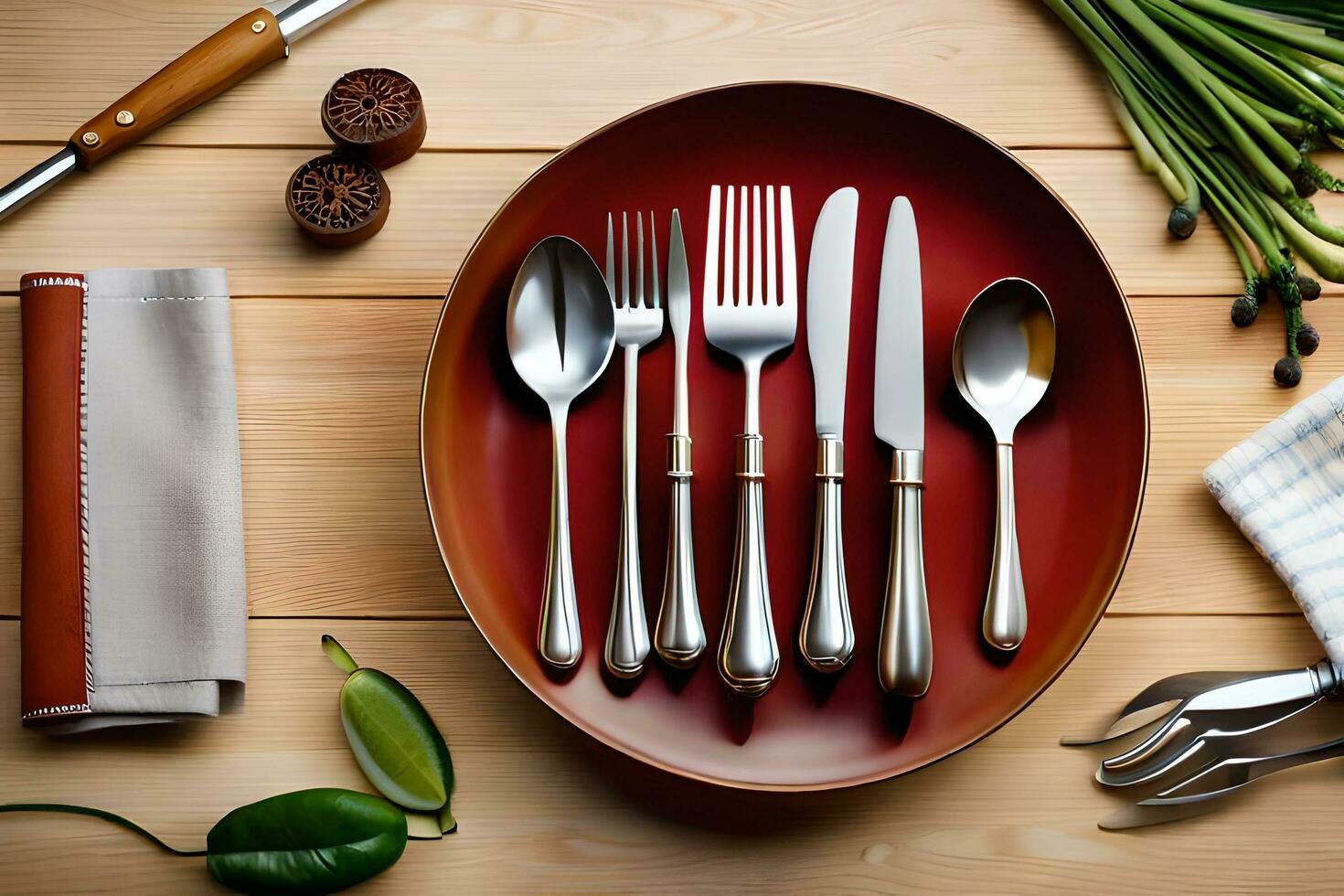 a red plate with silverware and knives on it. AI-Generated photo