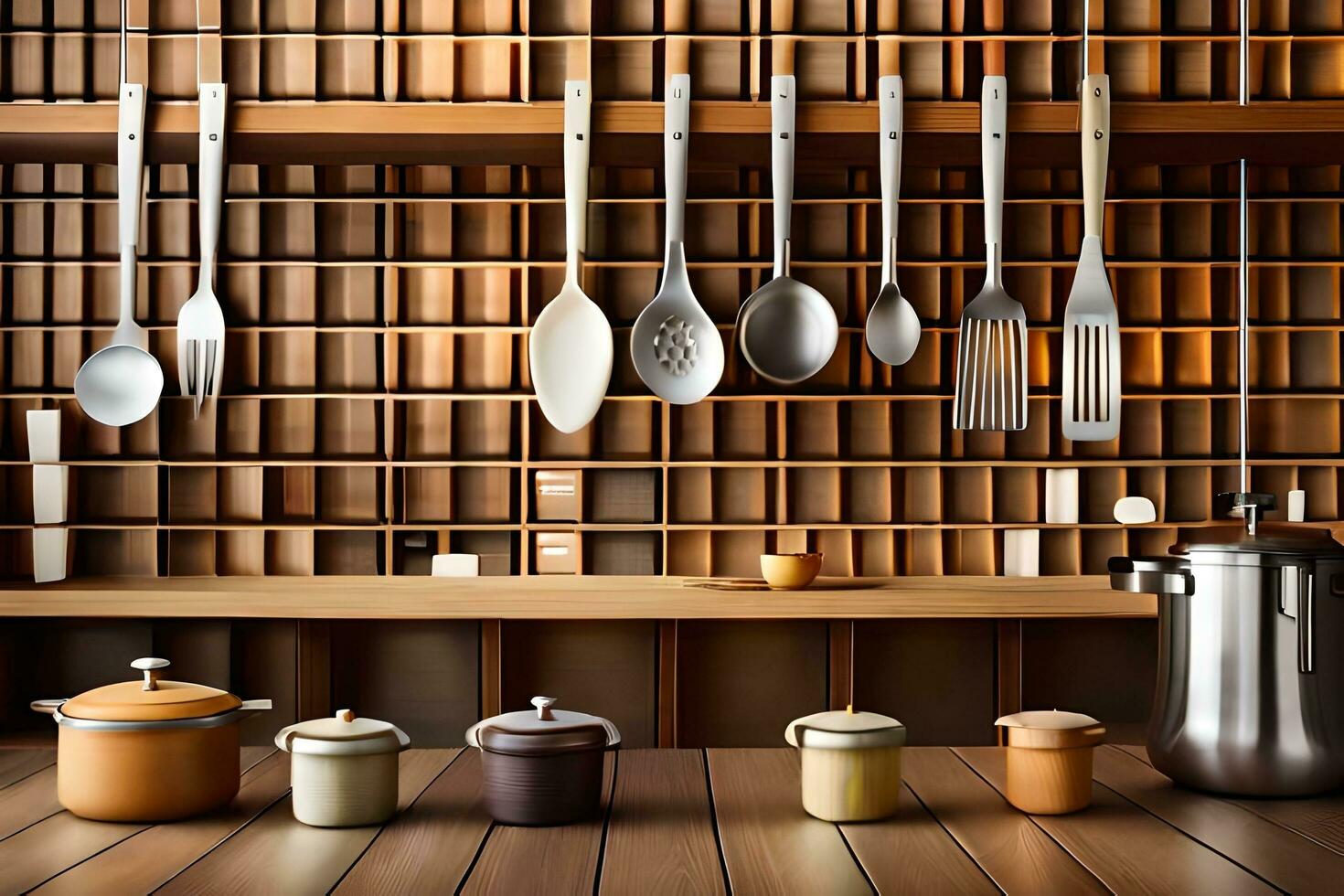 a kitchen with many utensils hanging on a shelf. AI-Generated photo