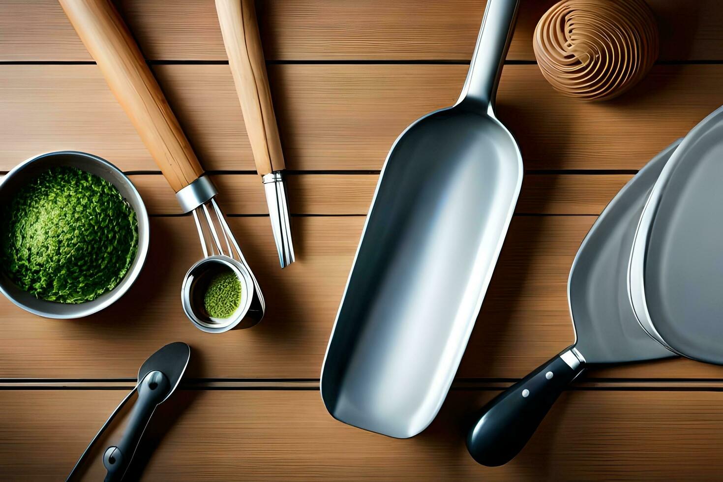 various utensils and pans are on a wooden table. AI-Generated photo