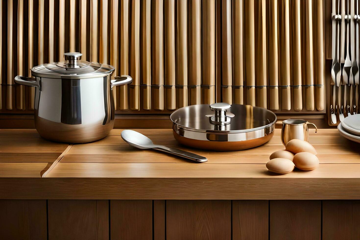 a wooden counter with a pot, pan and eggs. AI-Generated photo