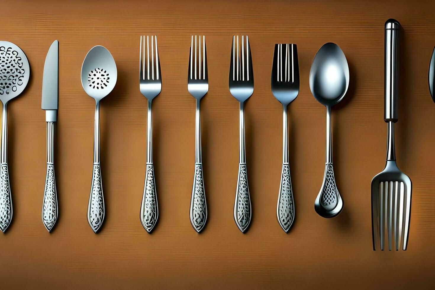 a collection of silverware on a wooden surface. AI-Generated photo