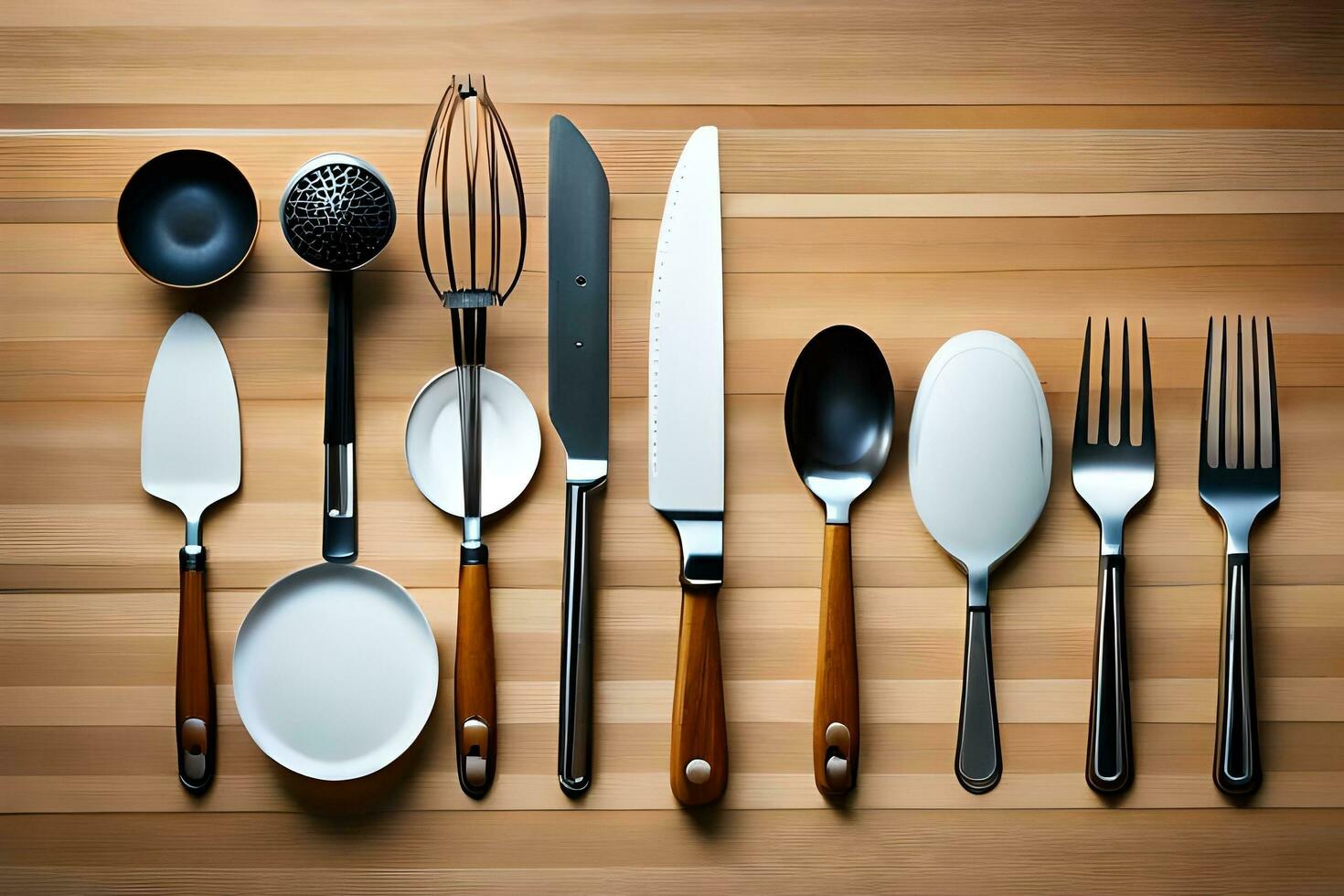 a collection of utensils on a wooden table. AI-Generated photo