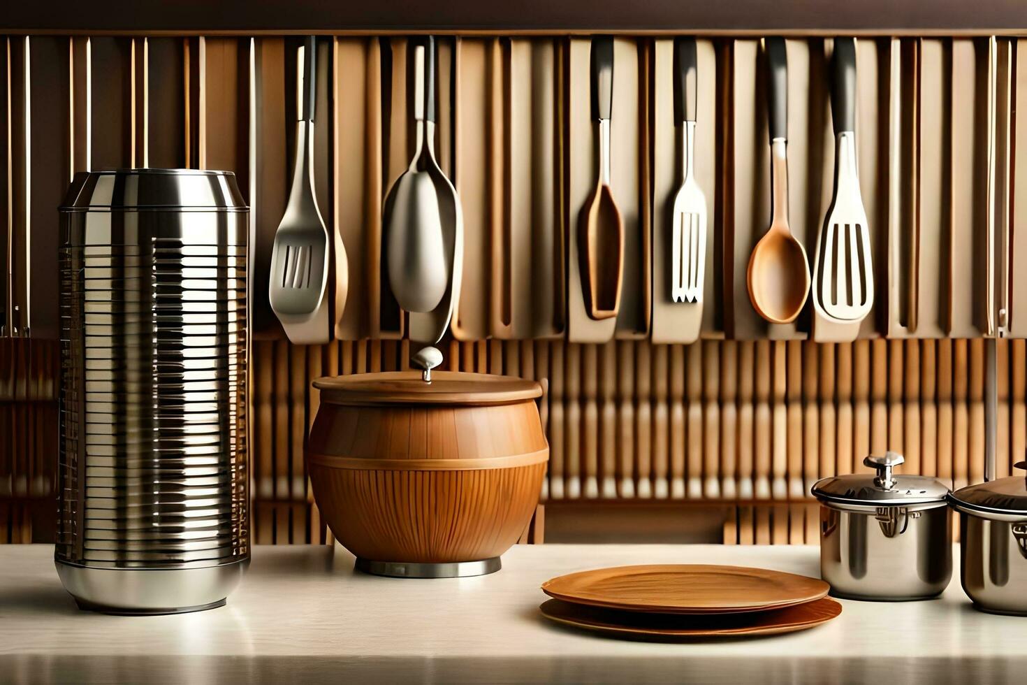 a kitchen with utensils and a wooden shelf. AI-Generated photo