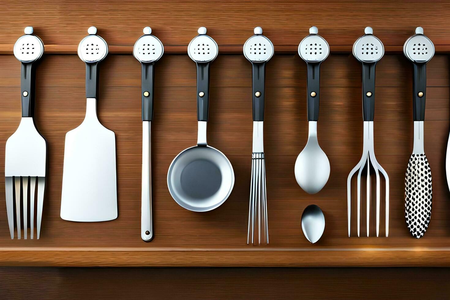 a set of utensils are arranged on a shelf. AI-Generated photo