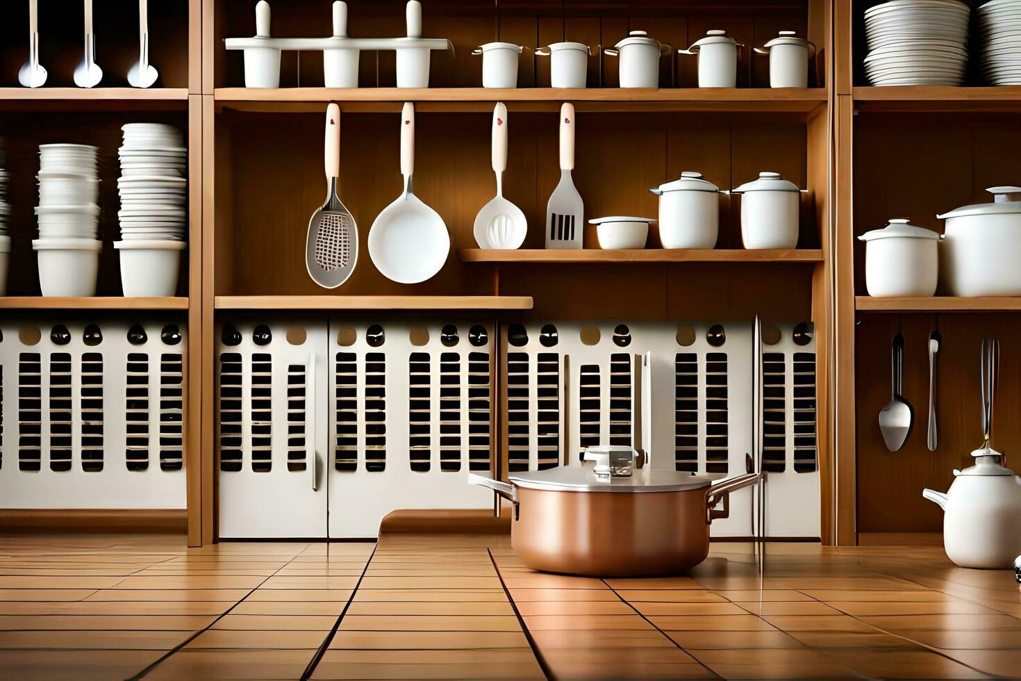 a kitchen with many pots and pans on shelves. AI-Generated photo