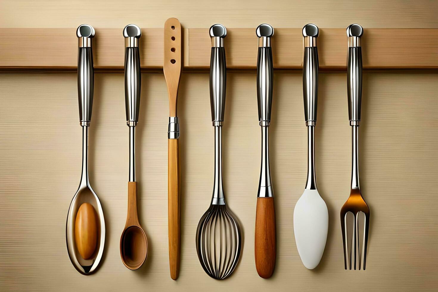 a group of utensils are hanging on a wall. AI-Generated photo