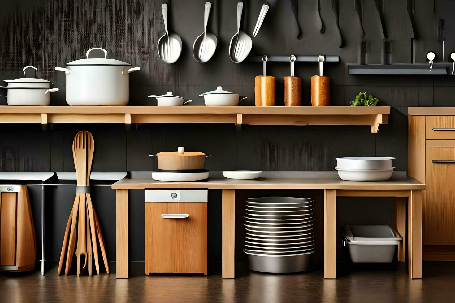 cocina con de madera estantería y utensilios generado por ai foto