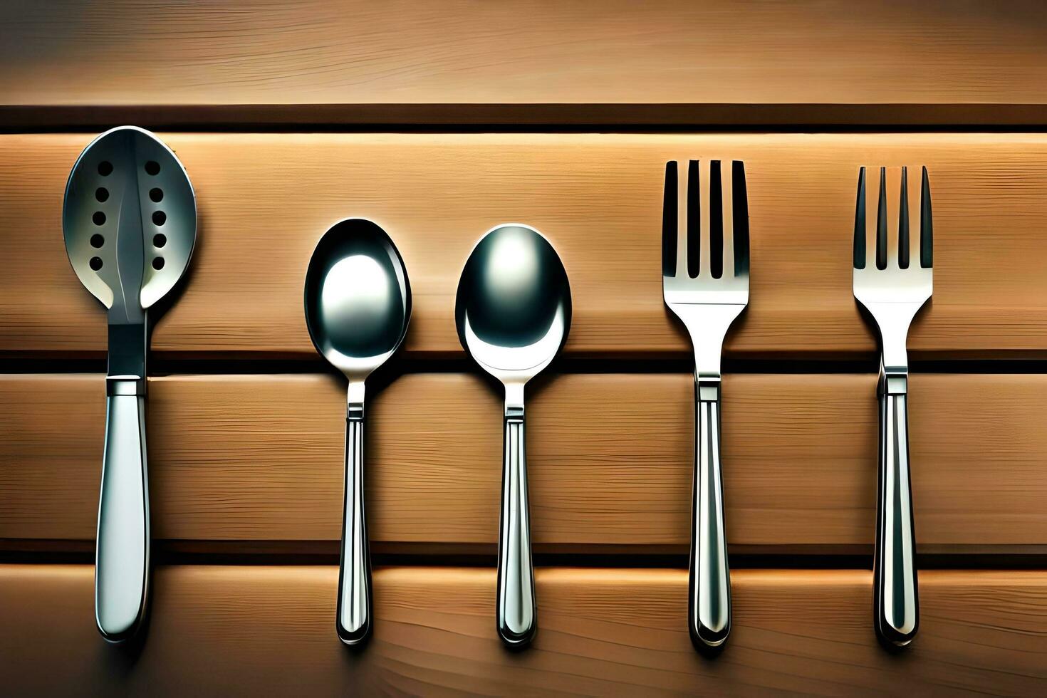 four silverware utensils on a wooden table. AI-Generated photo