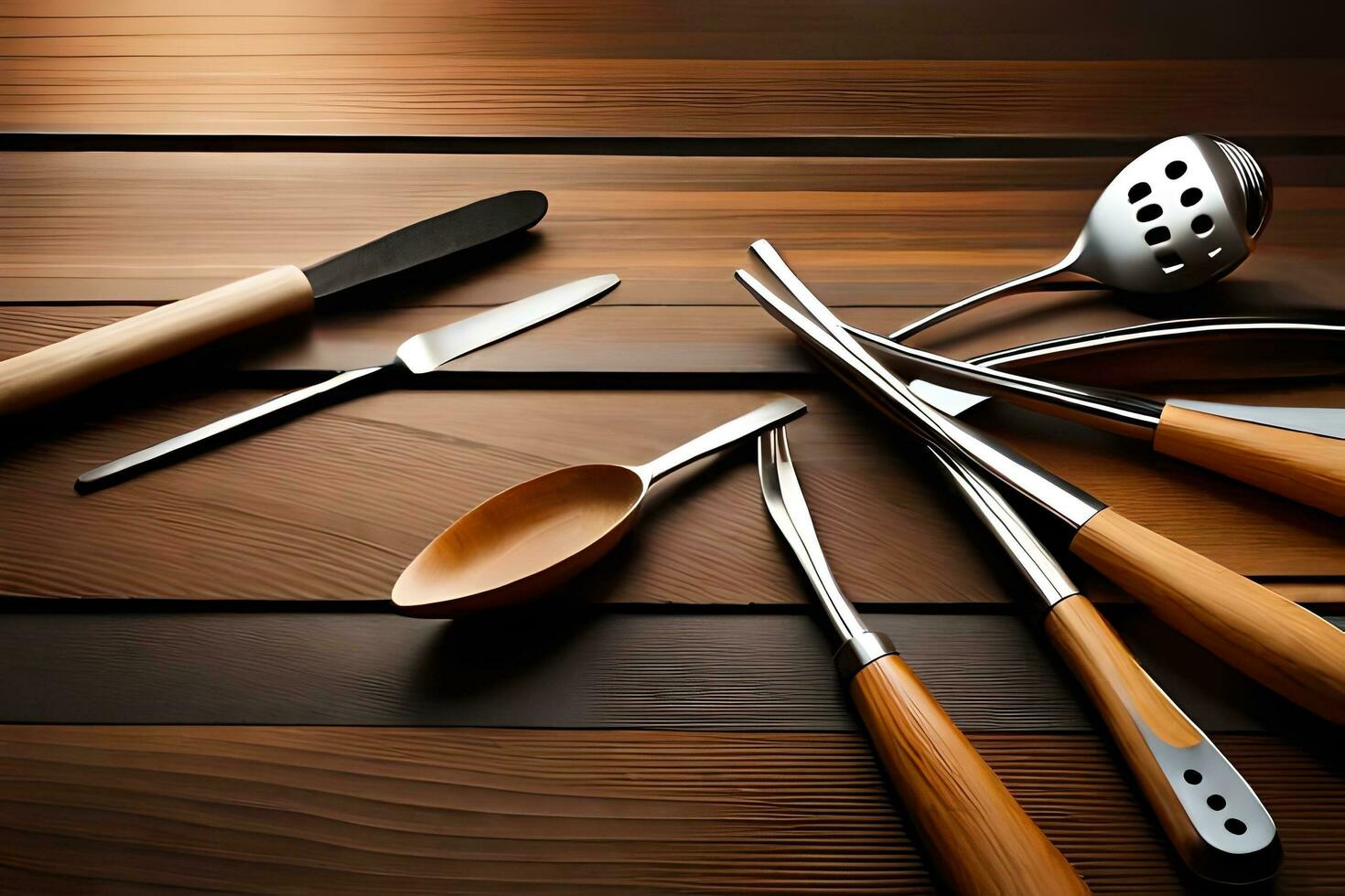 a group of utensils on a wooden table. AI-Generated photo