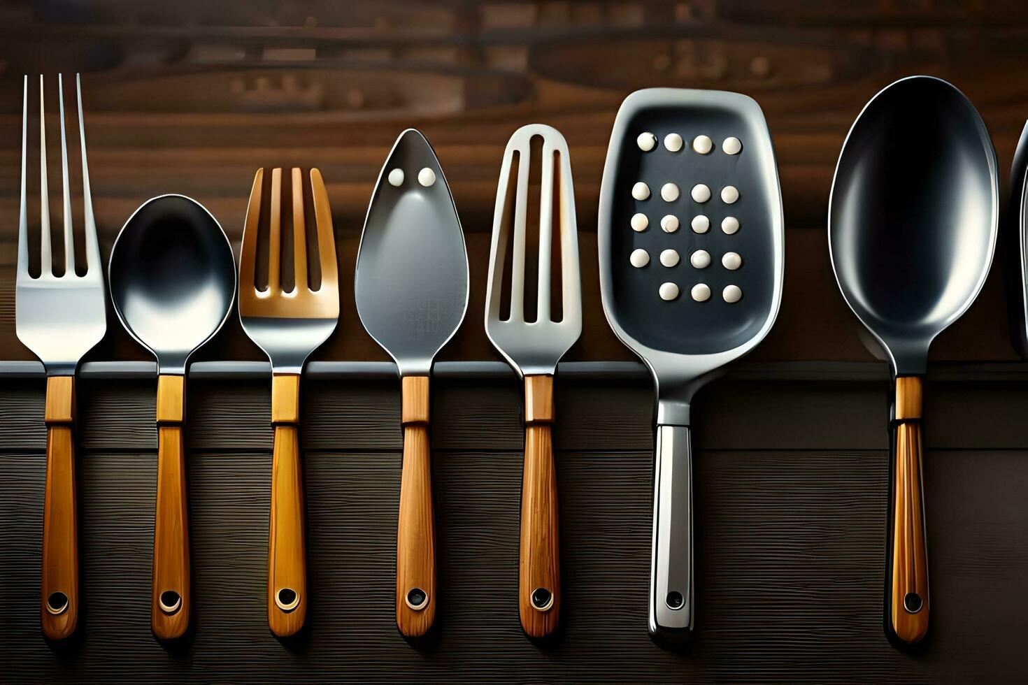 a row of utensils are lined up on a table. AI-Generated photo
