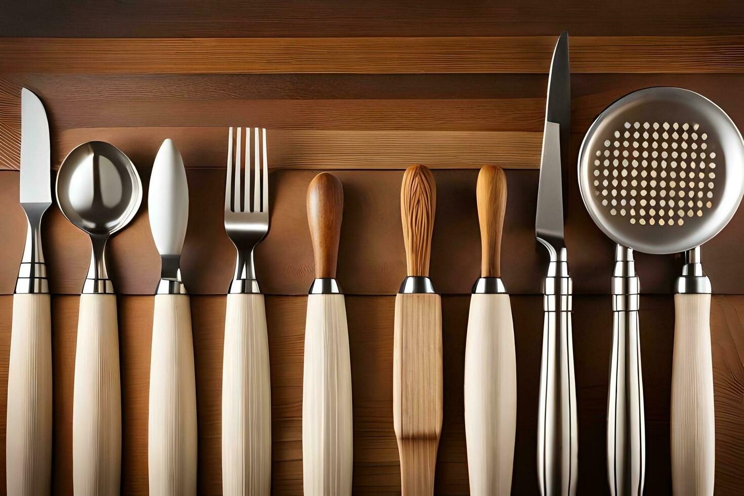 a collection of utensils on a wooden table. AI-Generated photo