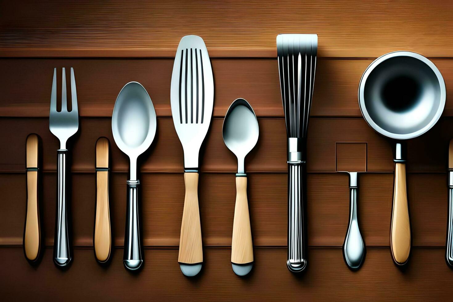 a collection of utensils on a wooden surface. AI-Generated photo