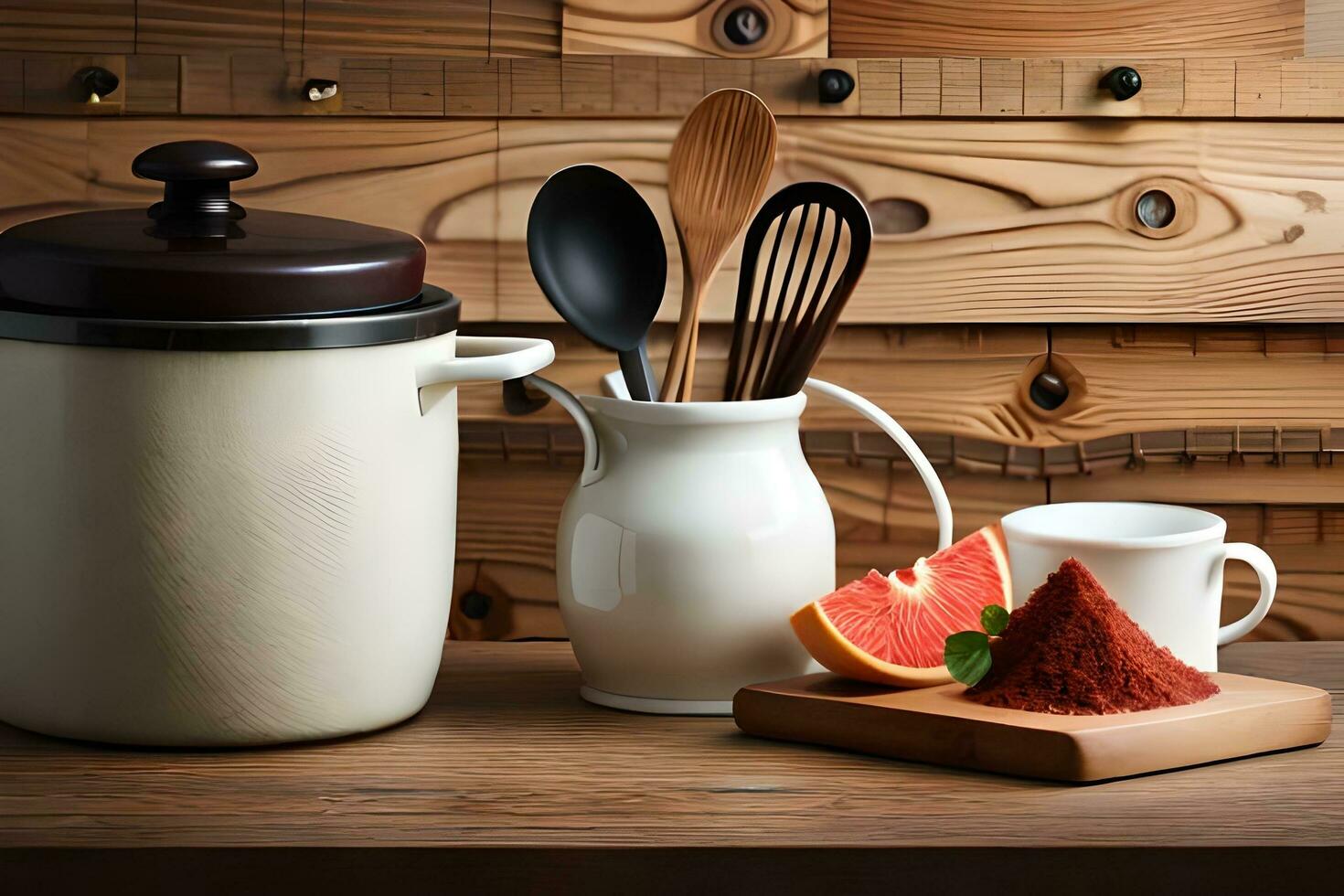 a wooden table with a pot, spoon, and other utensils. AI-Generated photo