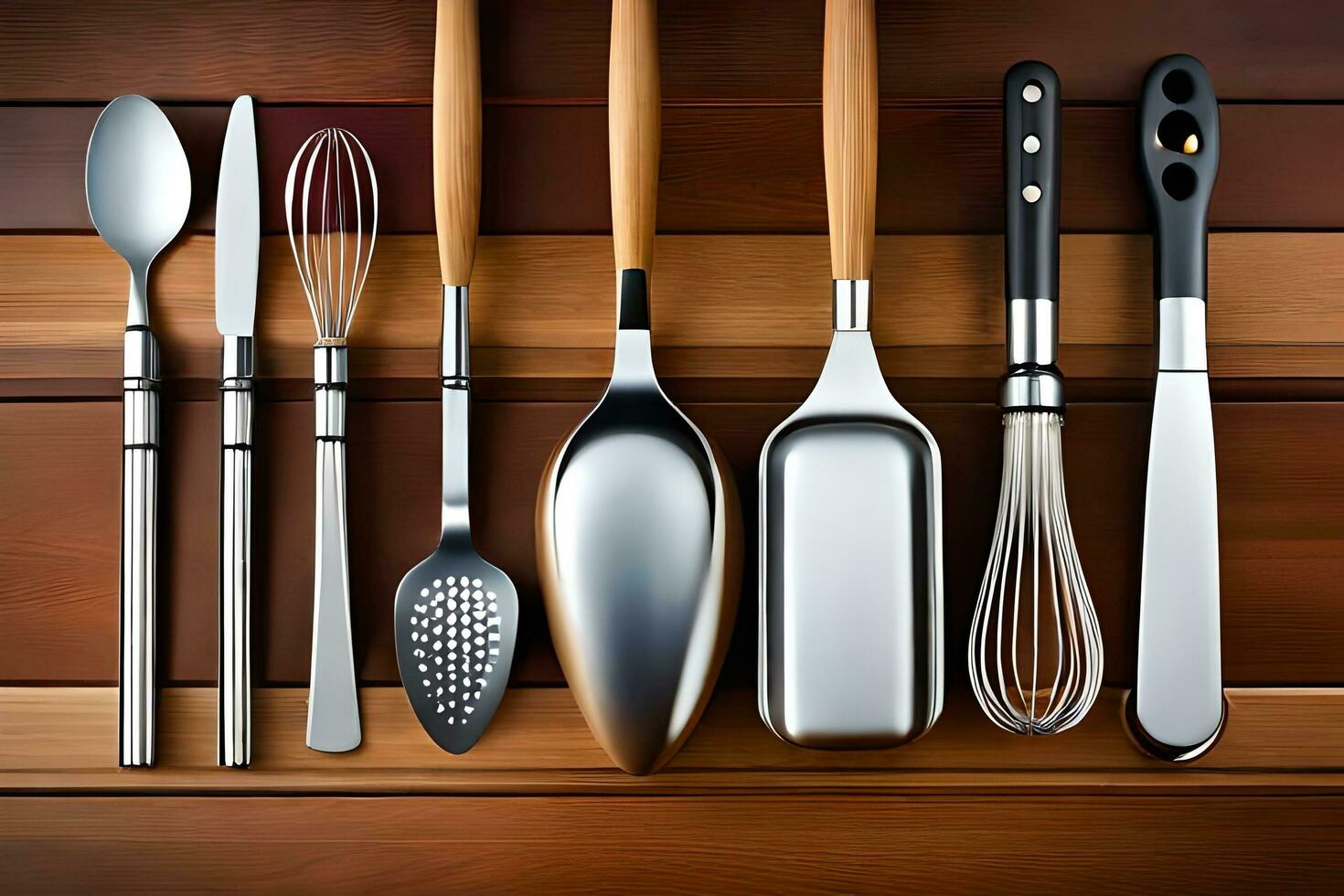 kitchen utensils on wooden background. AI-Generated photo