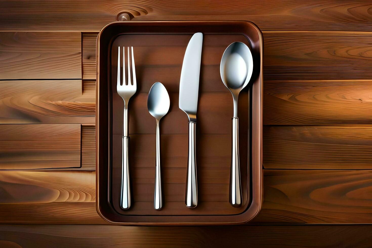 four silverware in a wooden tray on a wooden table. AI-Generated photo