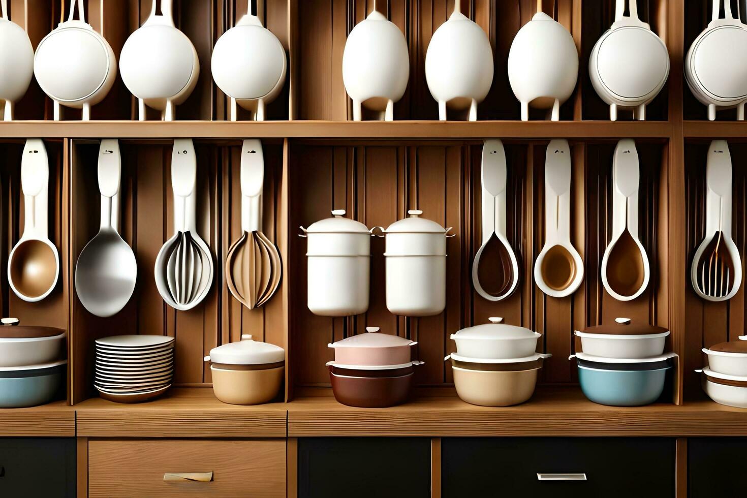 a shelf with many different types of utensils. AI-Generated photo