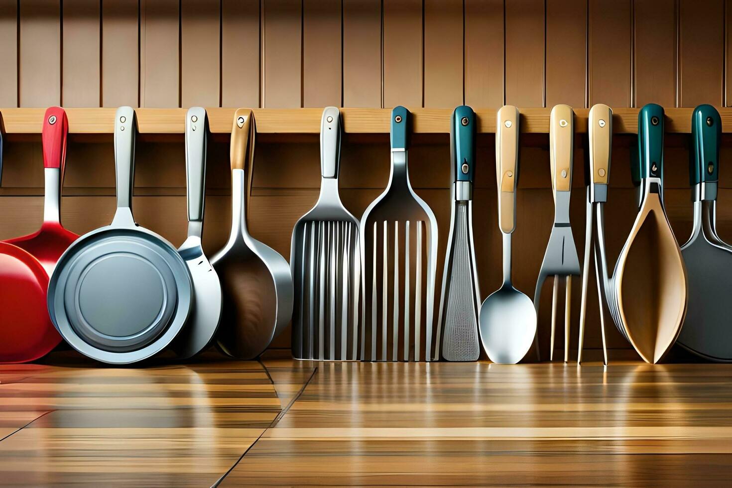 a row of kitchen utensils are lined up on a shelf. AI-Generated photo
