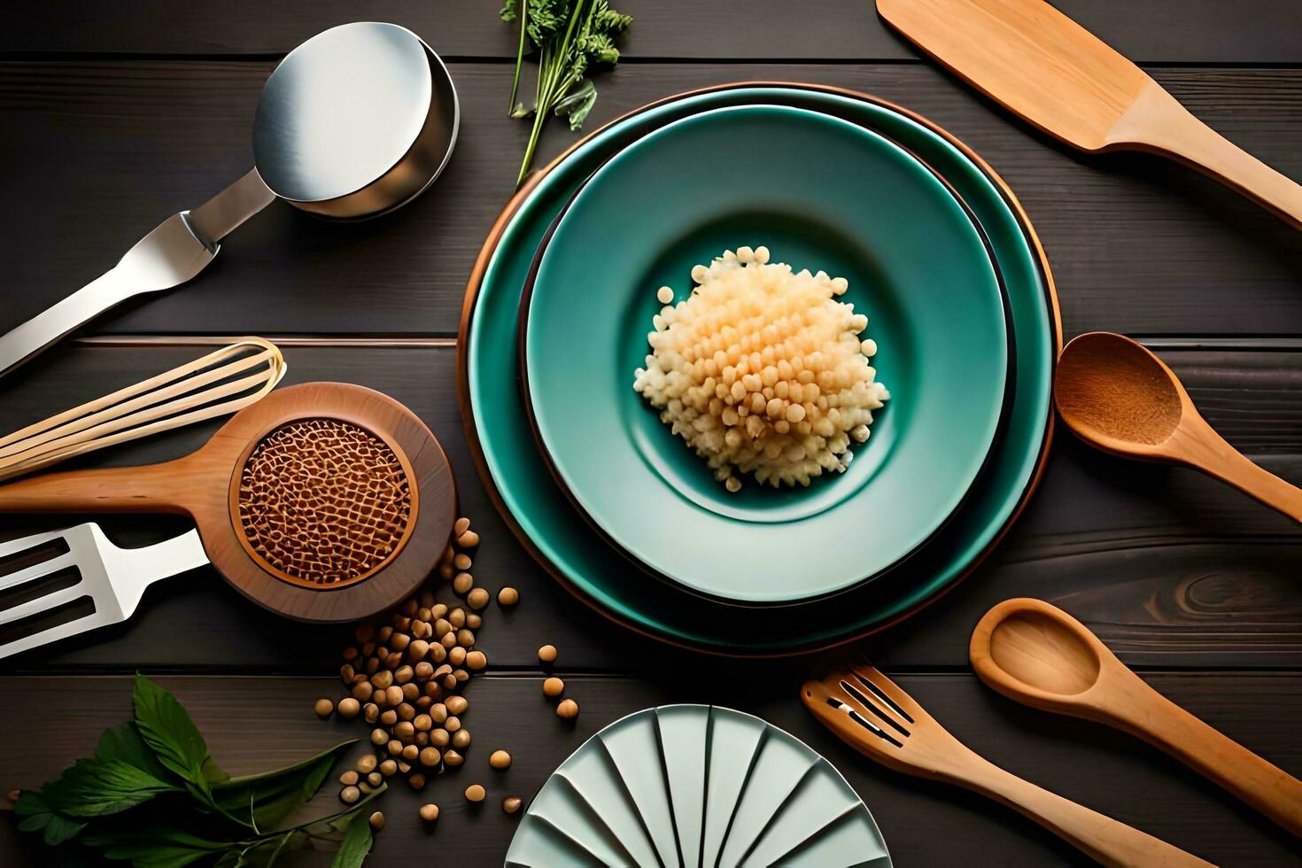 various utensils and food items on a wooden table. AI-Generated photo
