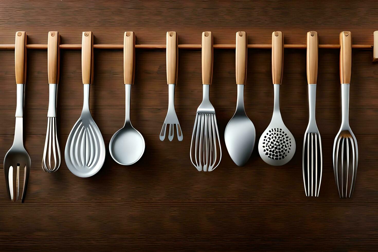 a rack of utensils hanging on a wall. AI-Generated photo