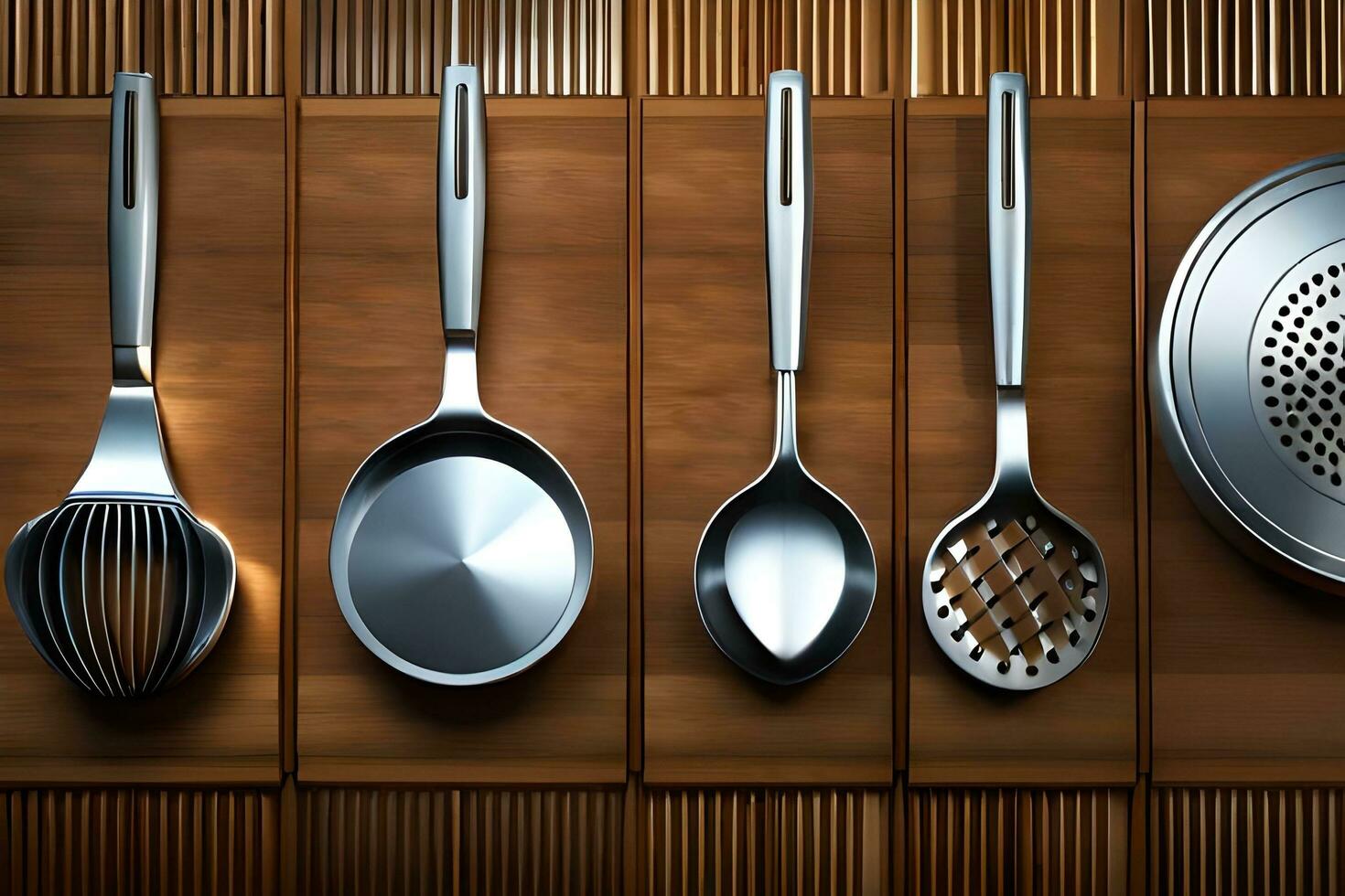 a set of kitchen utensils on a wooden surface. AI-Generated photo