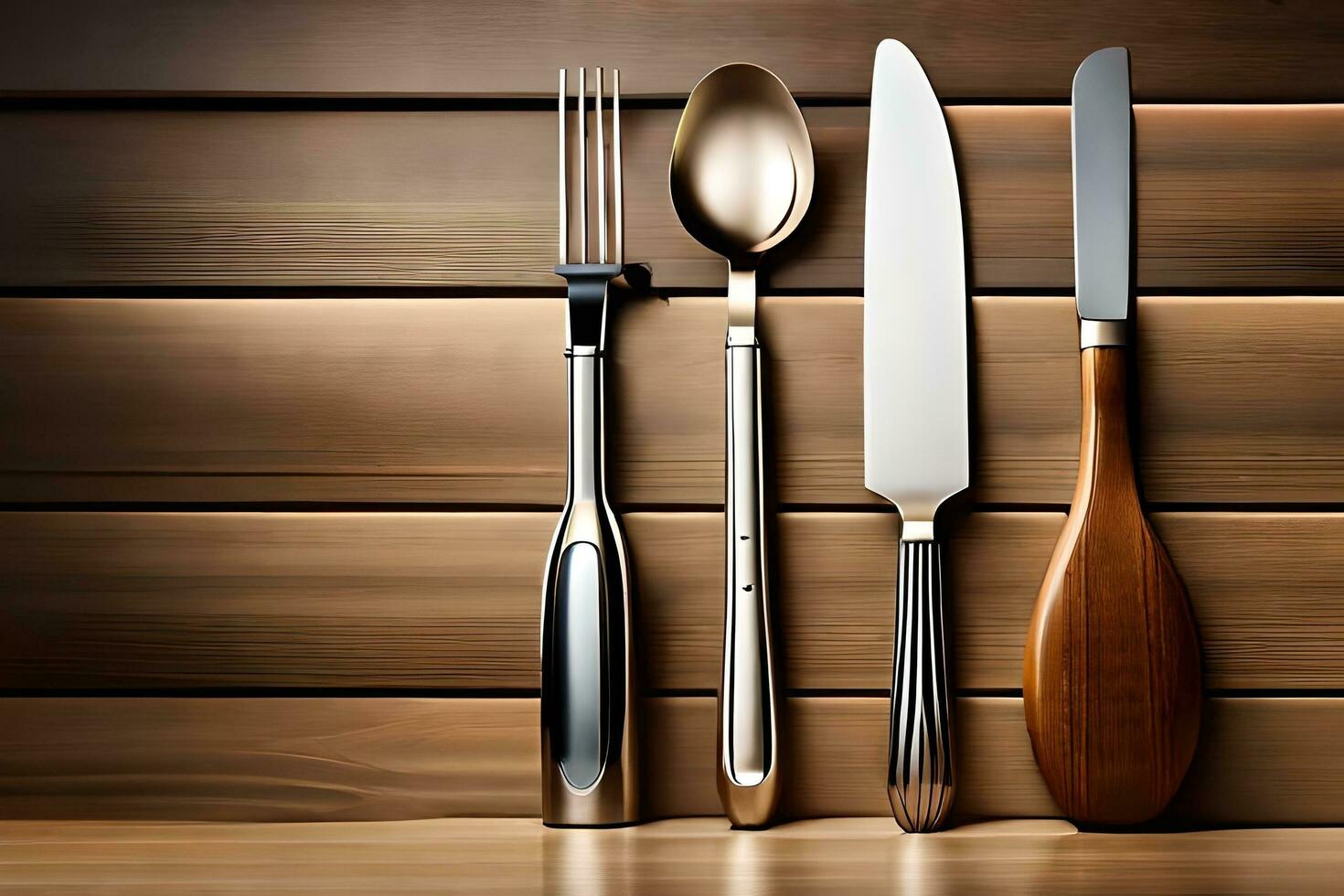 four different utensils are shown on a wooden table. AI-Generated photo