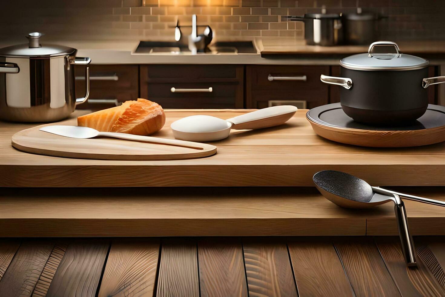 a kitchen counter with a wooden cutting board and utensils. AI-Generated photo