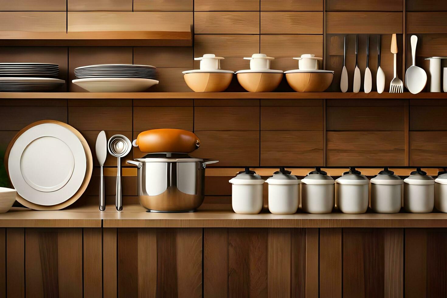 a kitchen with wooden shelves and dishes. AI-Generated photo