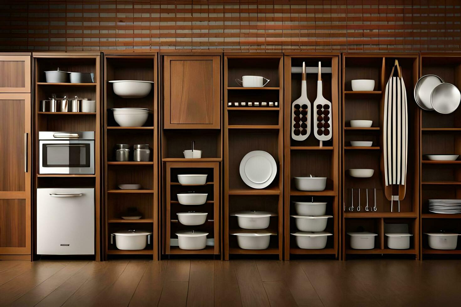 a kitchen with many different types of dishes and utensils. AI-Generated photo