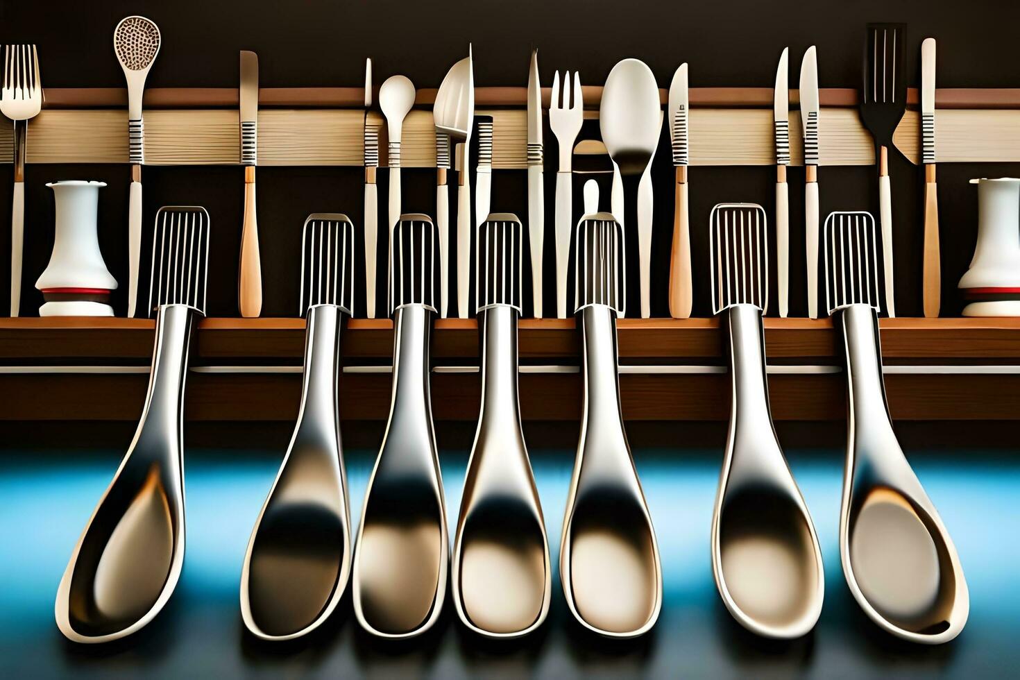 a shelf with many spoons and forks. AI-Generated photo