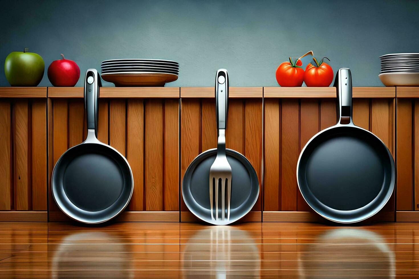 three pans and a fork sit on a wooden counter. AI-Generated photo