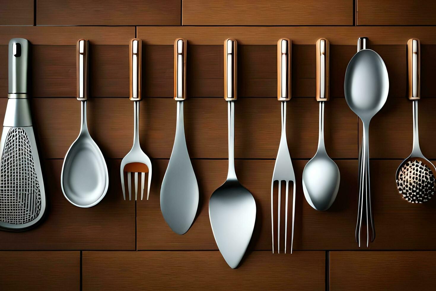a set of silverware on a wooden surface. AI-Generated photo