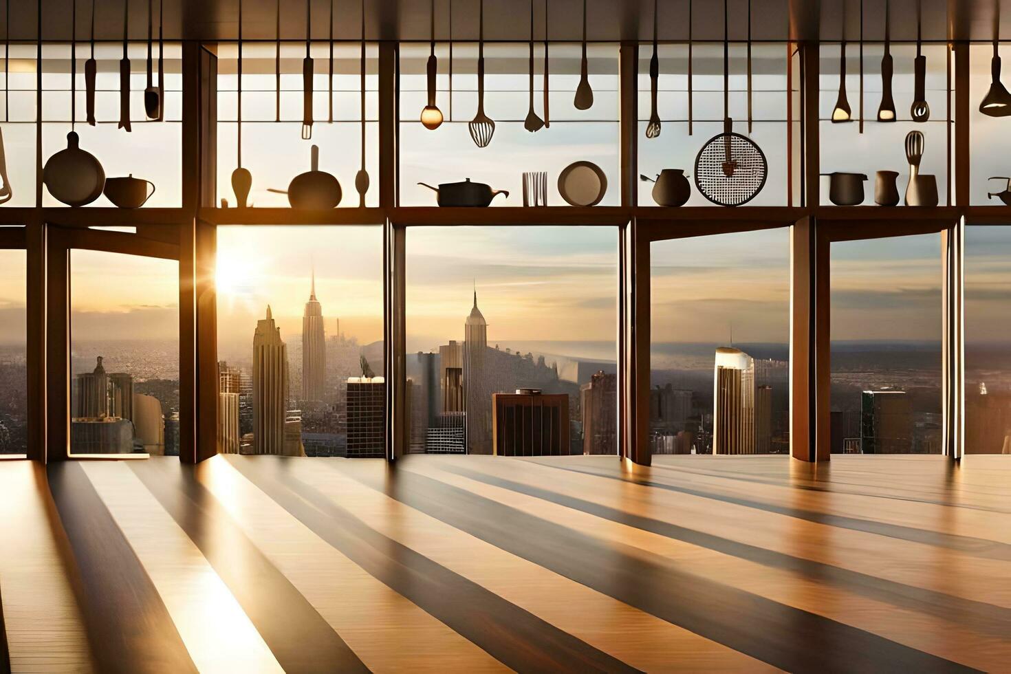 a large room with a view of the city. AI-Generated photo