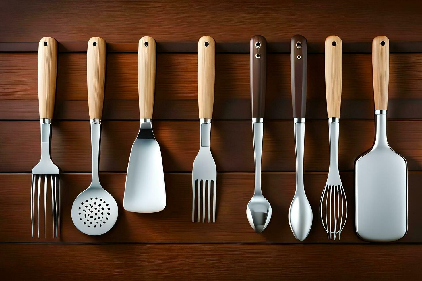 kitchen utensils on wooden background. AI-Generated photo