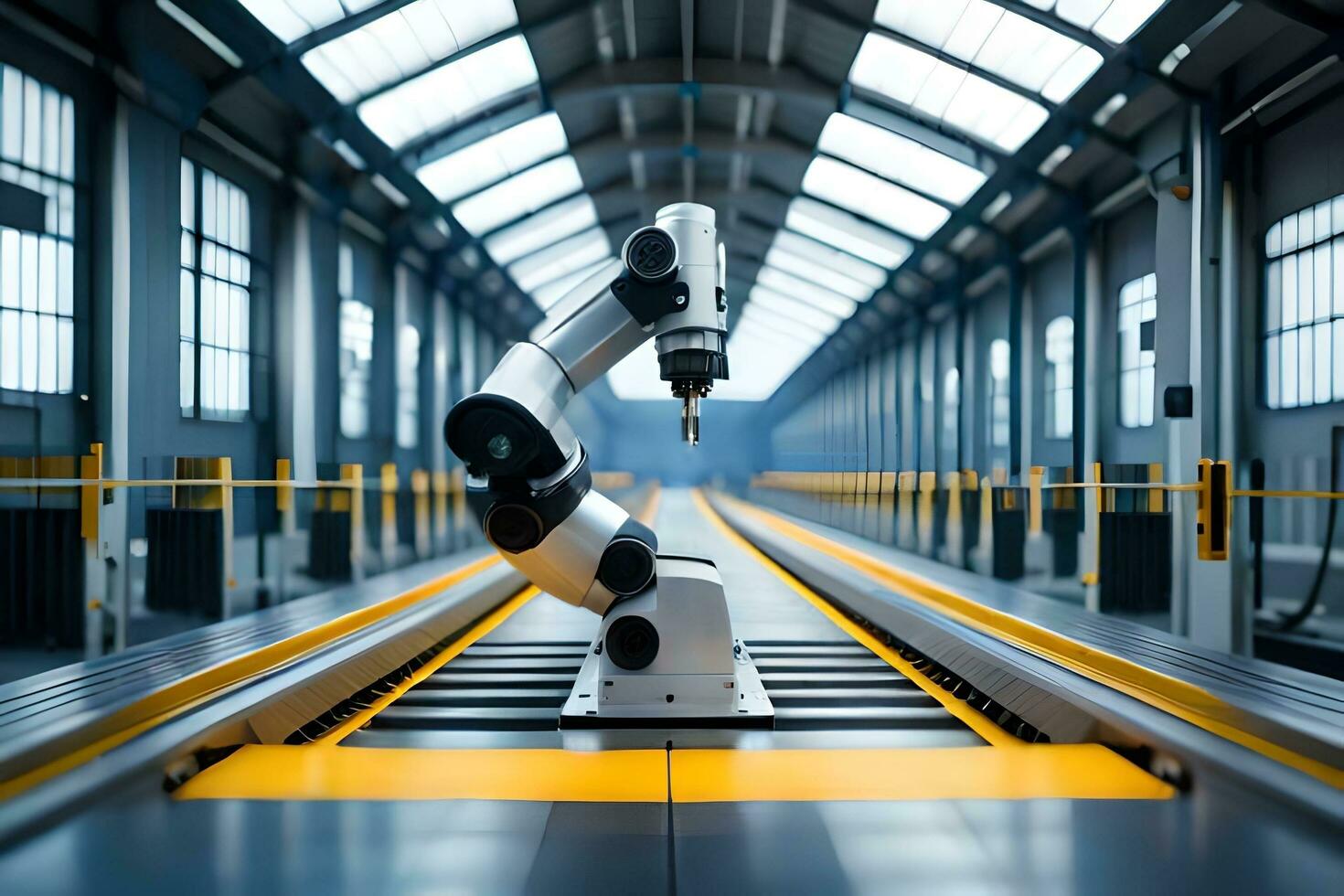 a robotic arm is standing on a conveyor belt. AI-Generated photo