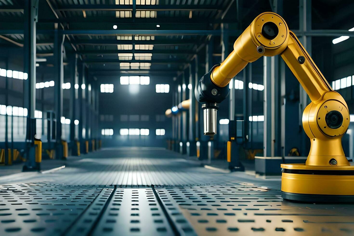 a robotic arm is standing in a factory. AI-Generated photo