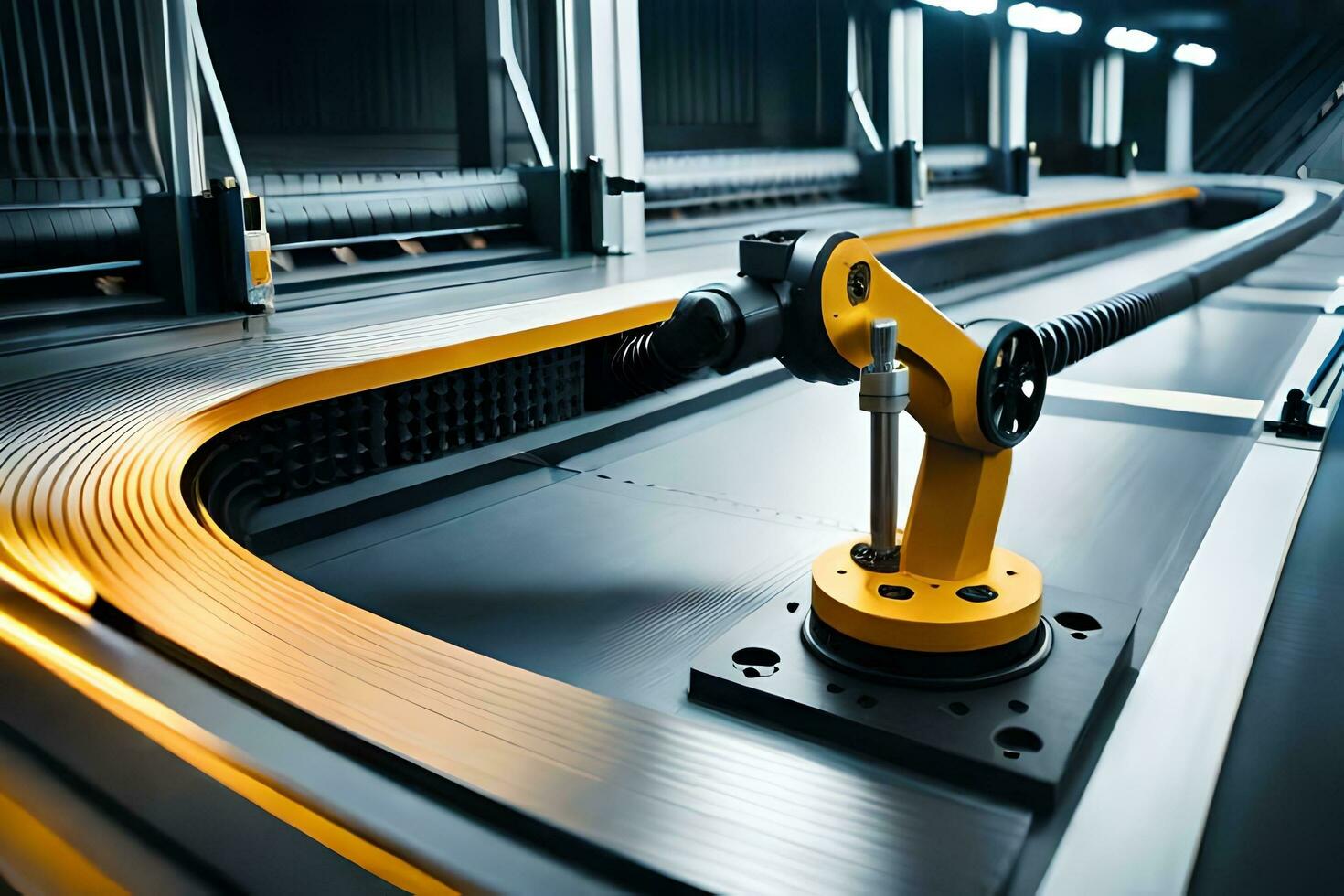 a robotic arm is moving along a conveyor belt. AI-Generated photo