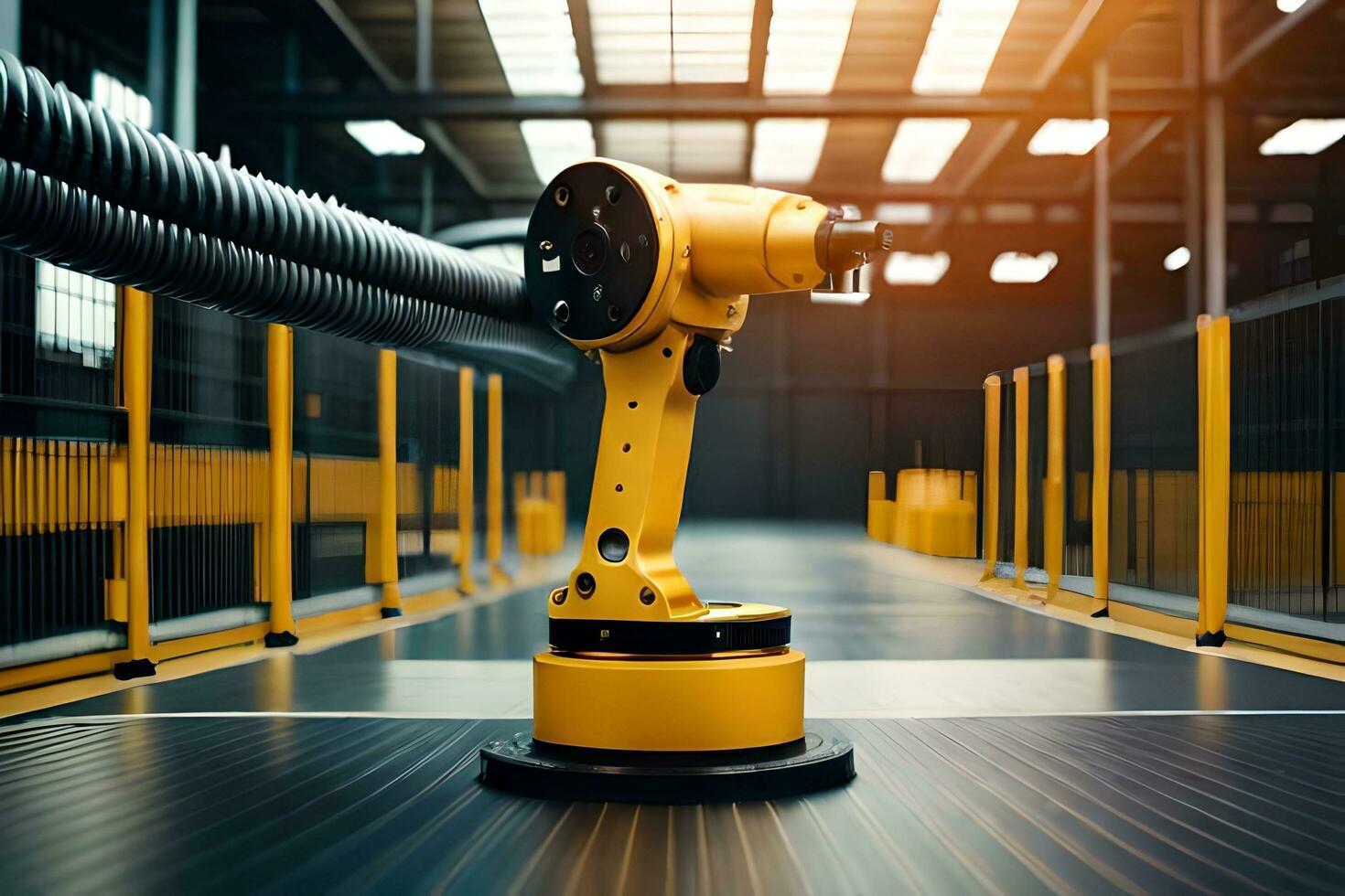 a yellow industrial robot is standing in front of a large warehouse. AI-Generated photo
