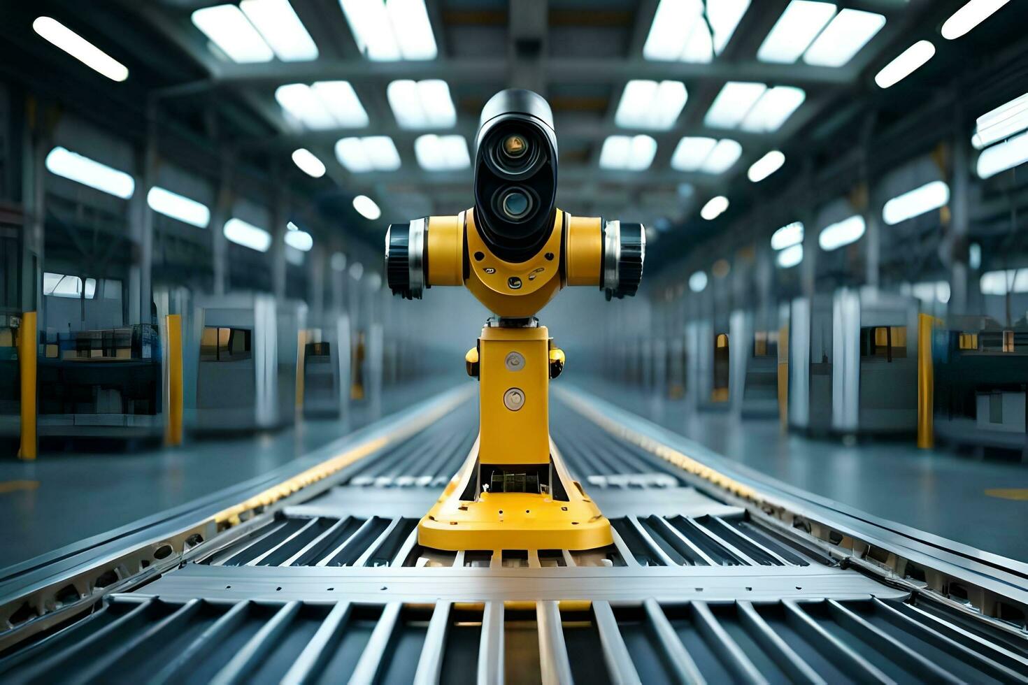 a yellow robot is standing in a factory. AI-Generated photo