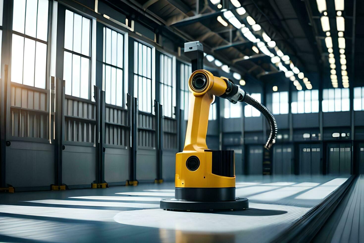 a robotic arm is standing in a warehouse. AI-Generated photo