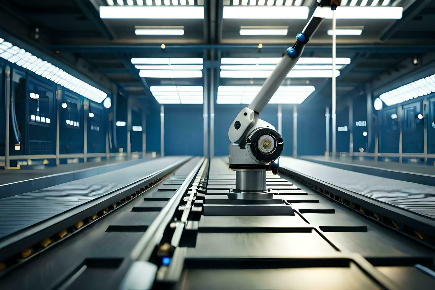 a robot is standing on a conveyor belt in a factory. AI-Generated photo