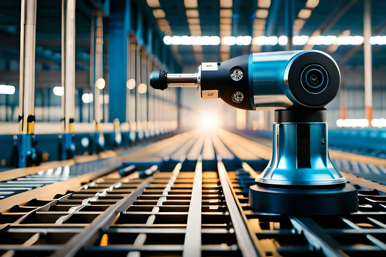 a robot is sitting on a conveyor belt in a warehouse. AI-Generated photo