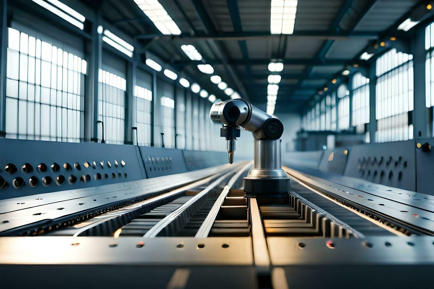 a robot is standing on a conveyor belt in a factory. AI-Generated photo