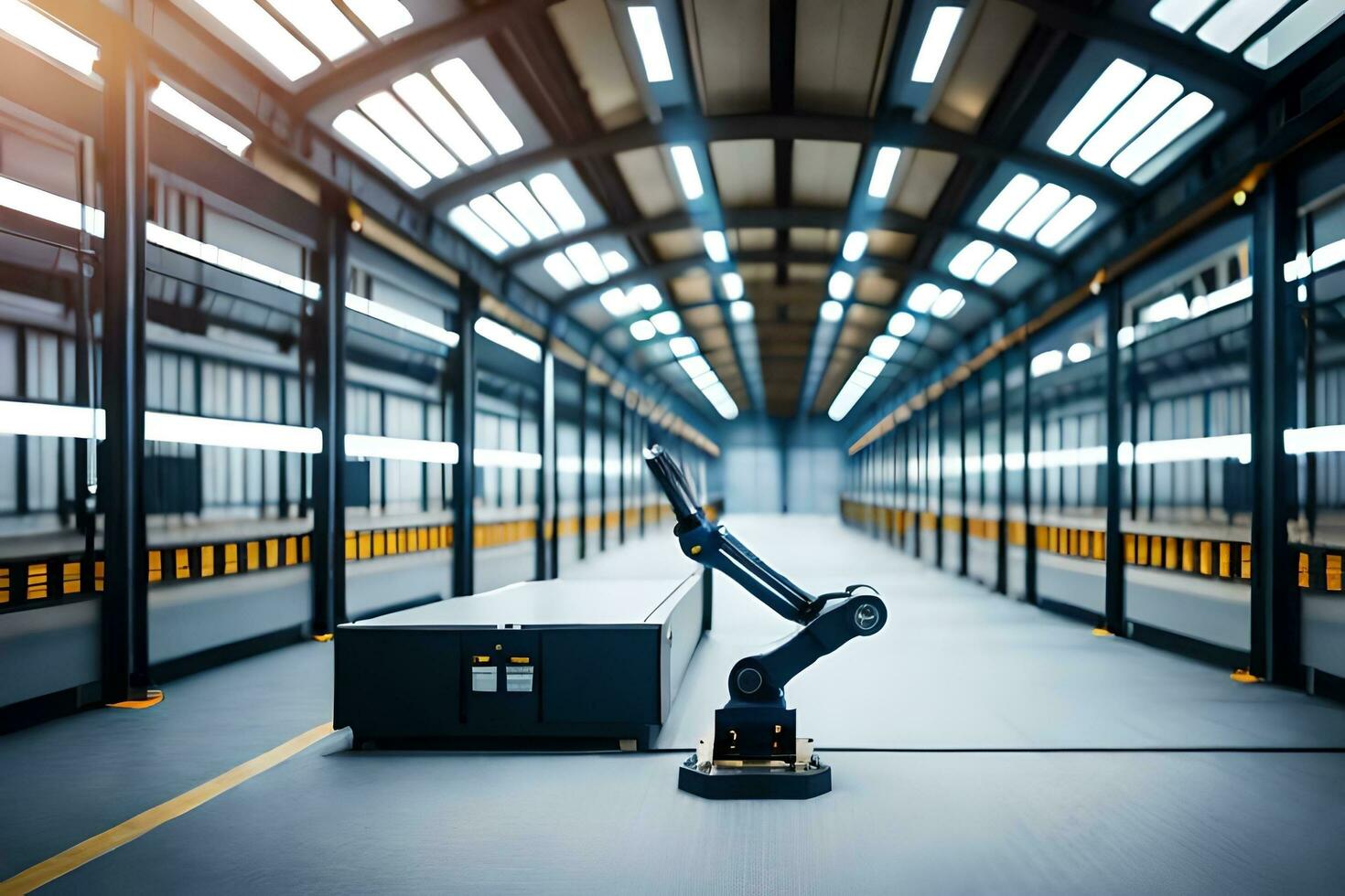a robot is sitting in a warehouse with a large metal box. AI-Generated photo