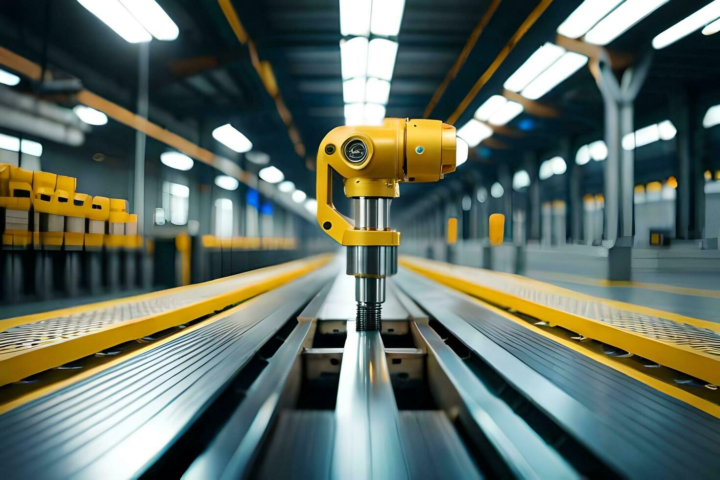a robotic arm is on a conveyor belt in a factory. AI-Generated photo