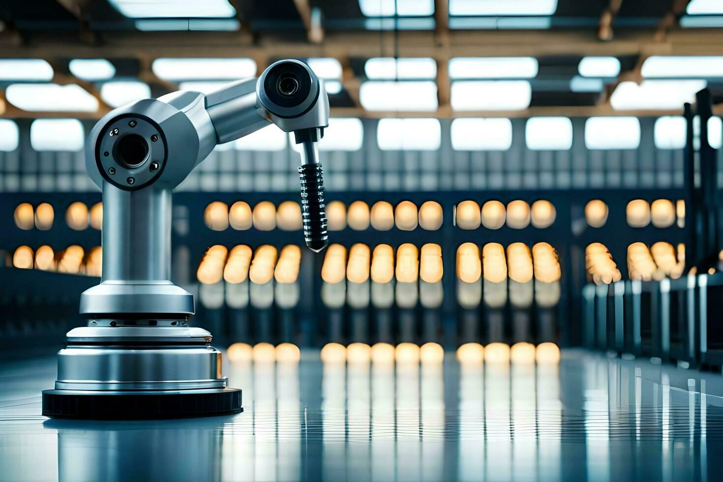 a robotic arm is sitting on a table in a factory. AI-Generated photo
