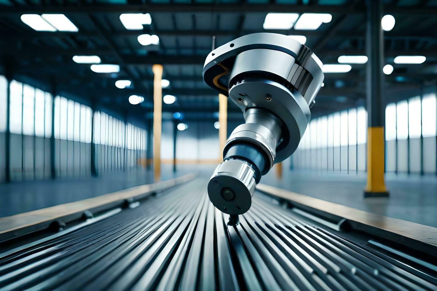 a robot is standing on a conveyor belt in a factory. AI-Generated photo